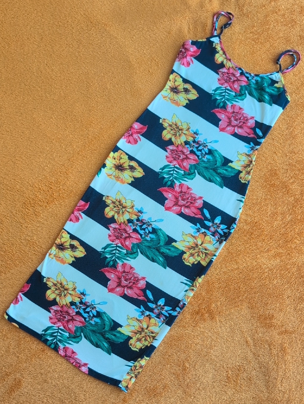 love J Floral Stripe Midi Dress in Navy, Pink, Yellow, Green